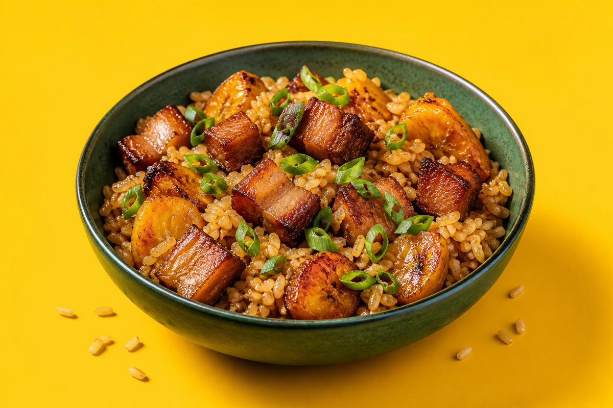 Arroz Frito Criollo — wok-fired rice with crispy pork belly, sweet plantain and scallion