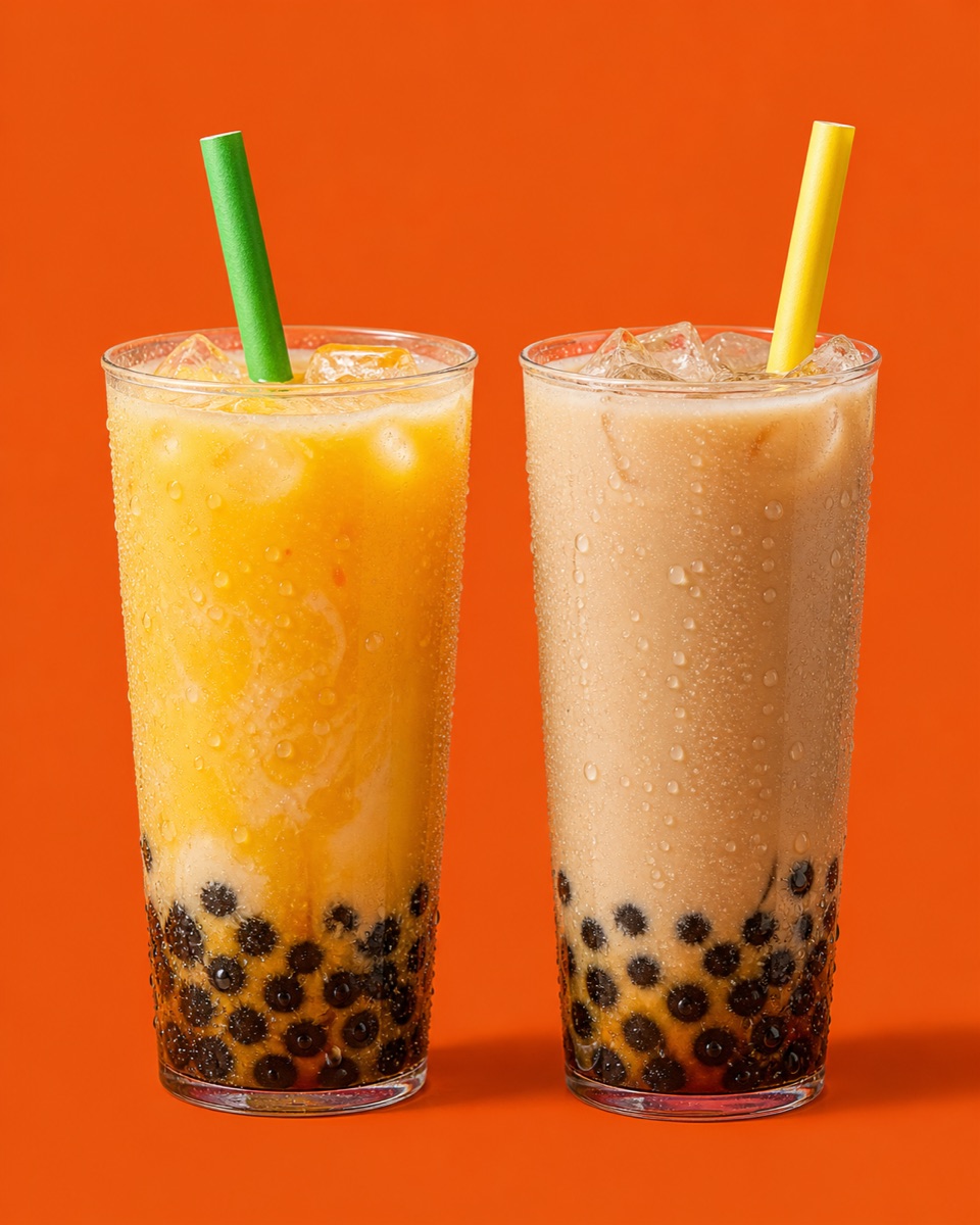 Parcha Bubble Tea — passionfruit milk tea with brown-sugar boba over crushed ice