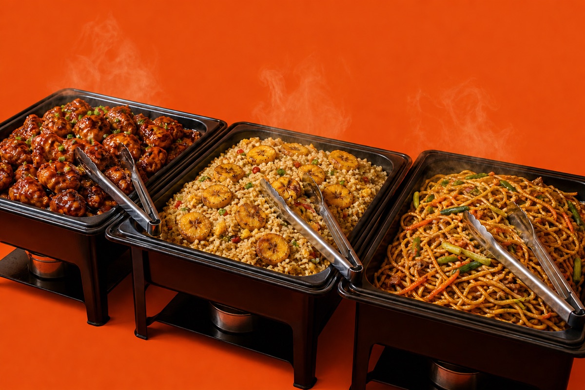 A Mr. Chen catering spread — trays of fried rice, glazed chicken, lo mein and dumplings ready to serve