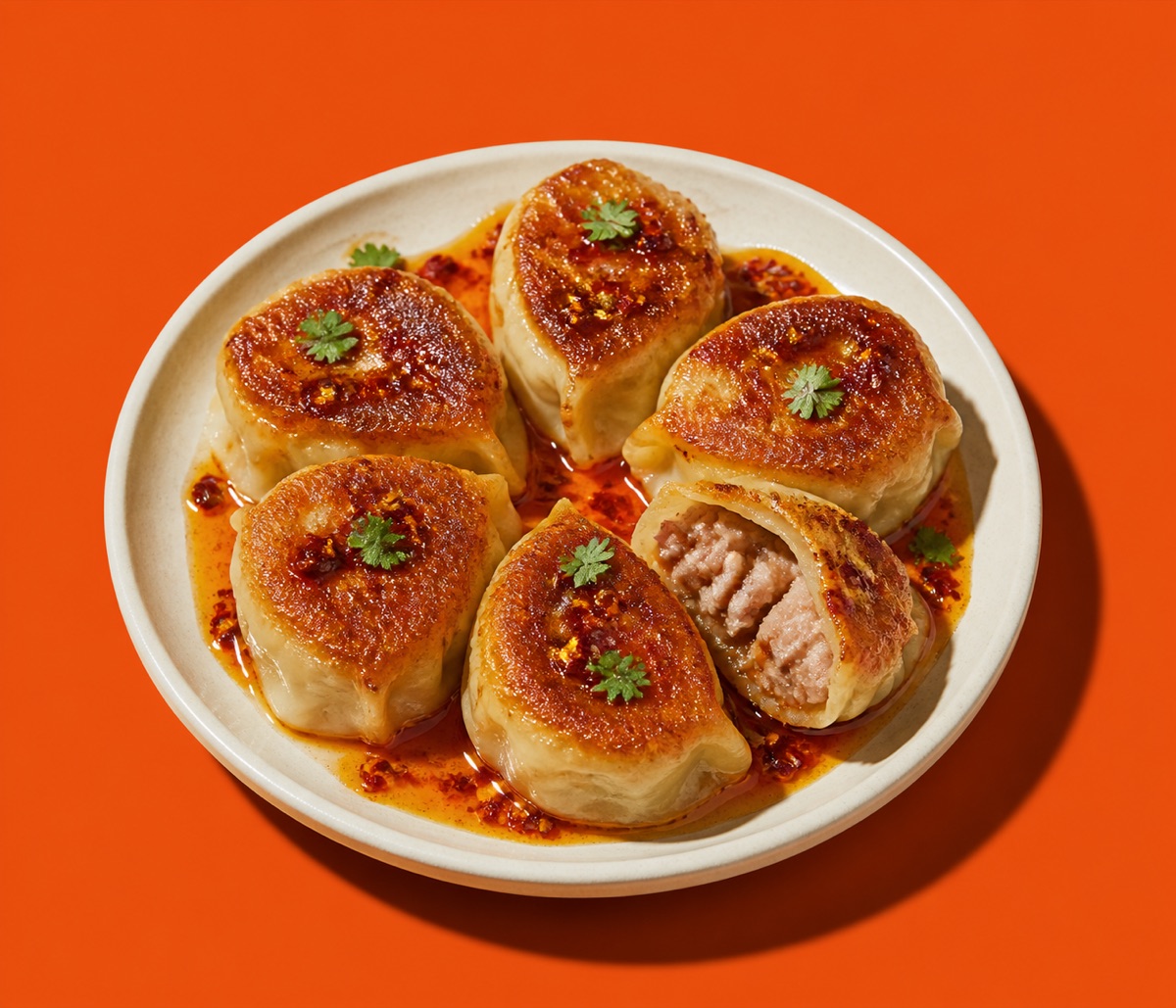 Pork Dumplings — six pan-seared dumplings with chili crisp and lime crema