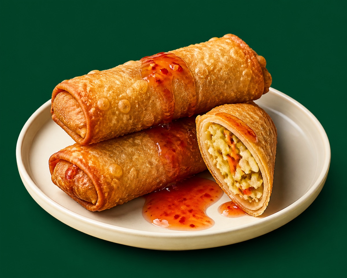 Veggie Egg Rolls — three golden crispy rolls with a passionfruit dipping sauce