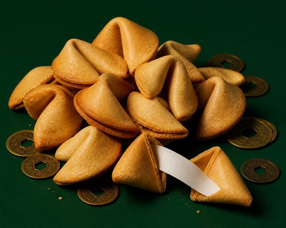 Fortune Cookies — three golden fortune cookies, one cracked open to show its fortune