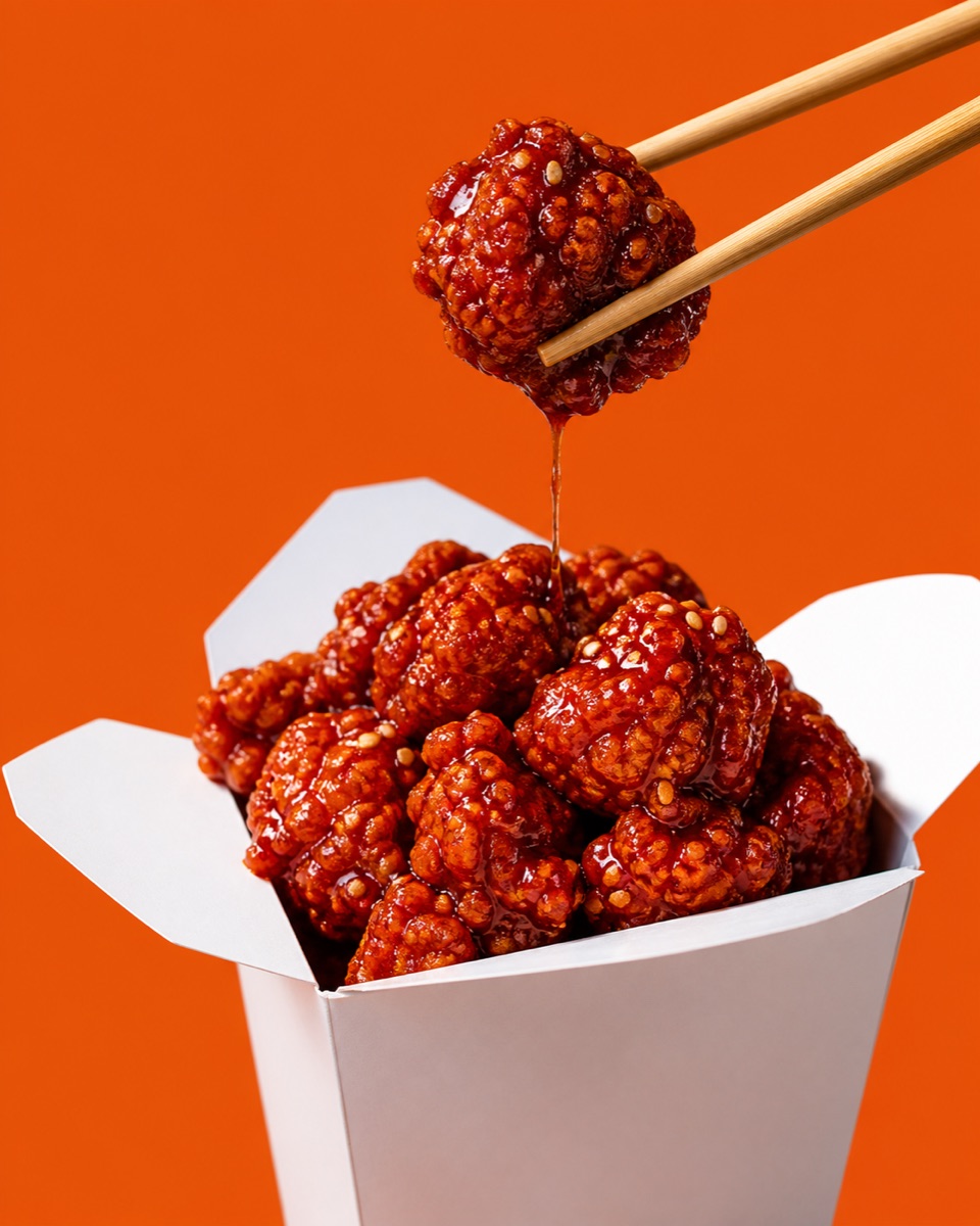 General Chen's Chicken — crispy glazed chicken with toasted sesame, a piece lifted by chopsticks