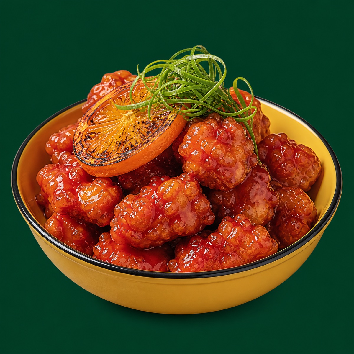 Guava Orange Chicken — glazed chicken pieces with charred orange peel and scallion