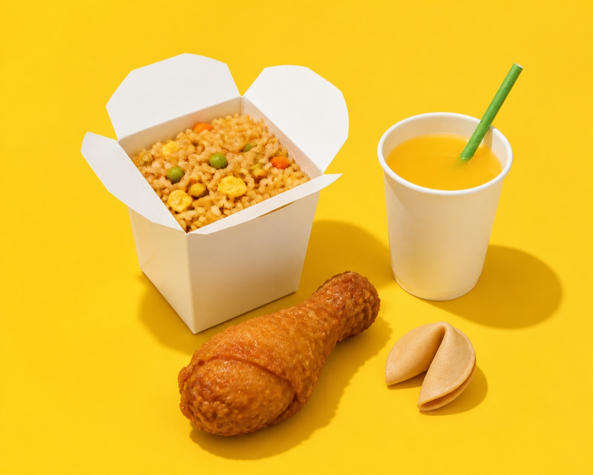 Pequeño Combo — a kids plate with rice, glazed chicken, a juice box and a fortune cookie