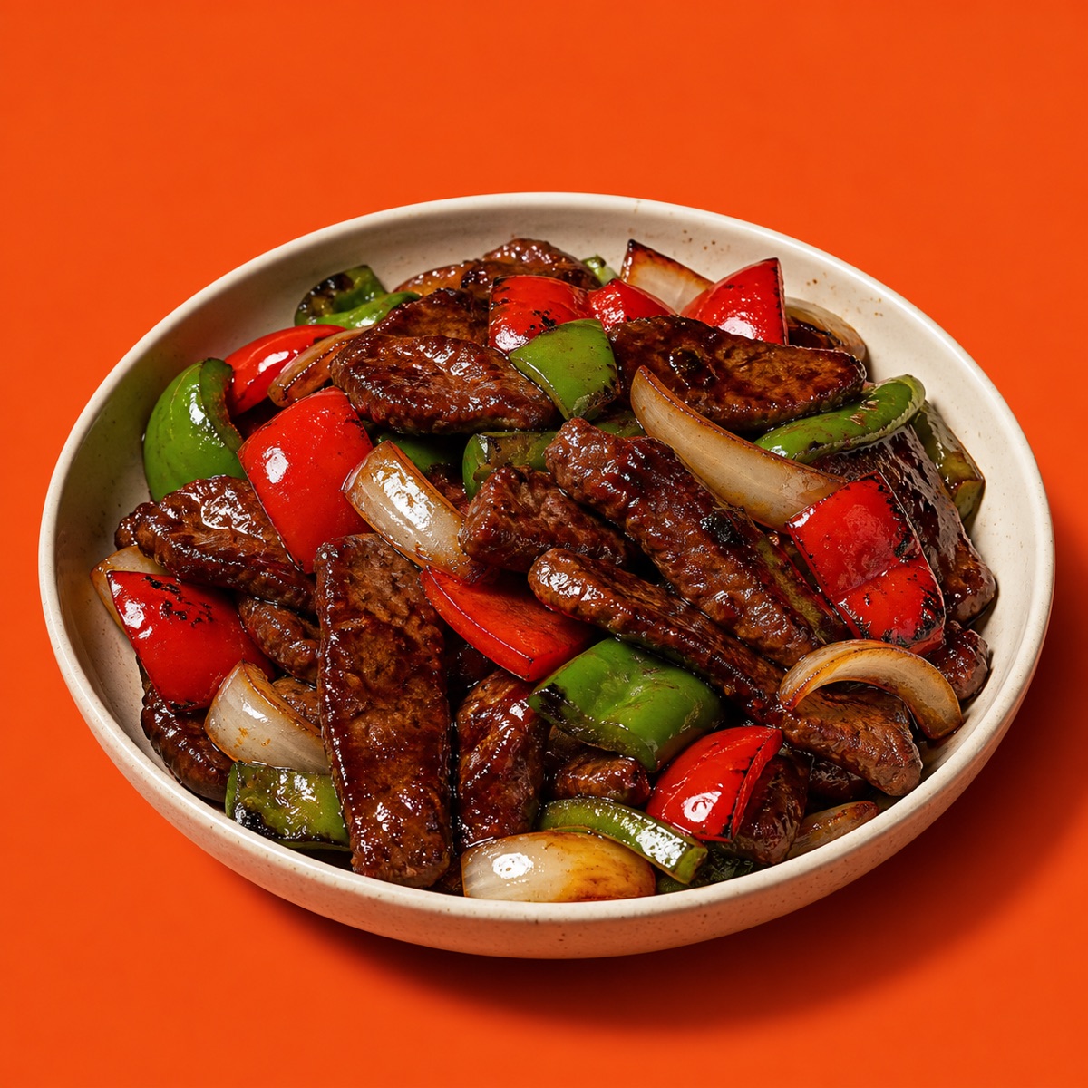 Pepper Steak Criollo — wok-seared steak strips with blistered green peppers and onions