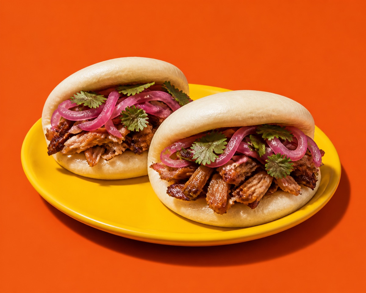 Pernil Bao — two pillowy steamed buns filled with slow-roast pernil and pickled red onion