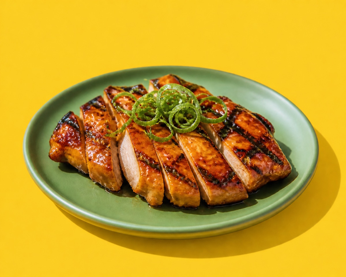 Pollo Teriyaki a la Parrilla — grill-striped chicken glazed with teriyaki, scallion and sesame