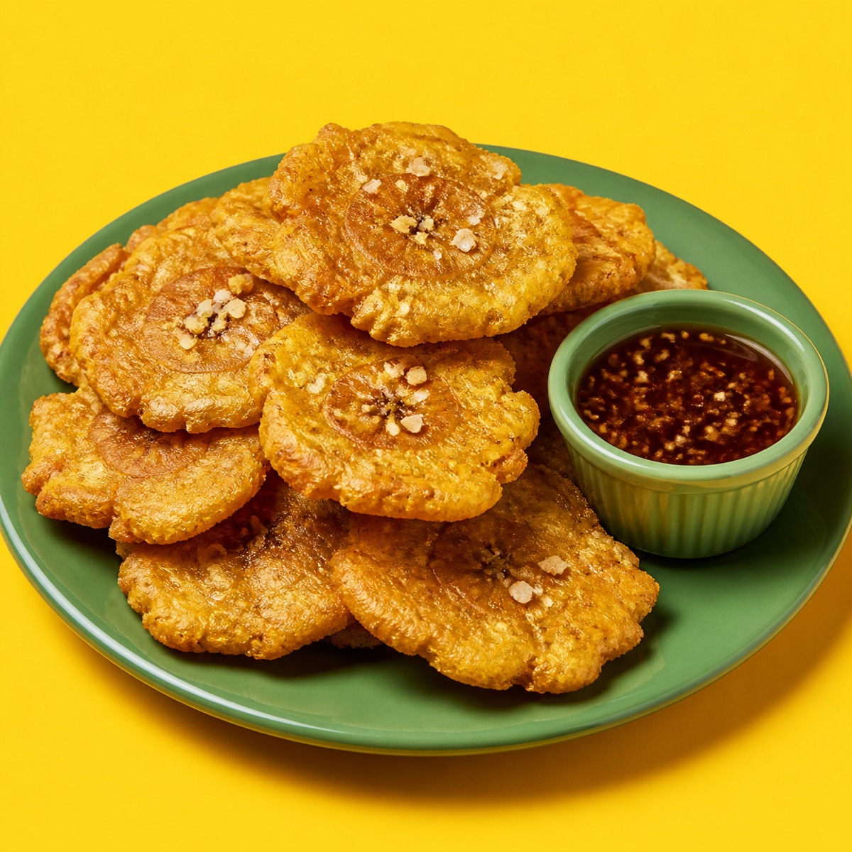Tostones con Sal de Ajo — golden twice-fried plantain rounds dusted with garlic salt