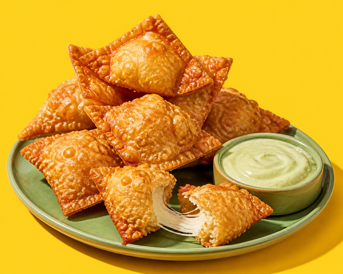 Chicharrón Wontons — crunchy fried wontons stuffed with chicharrón and queso de bola